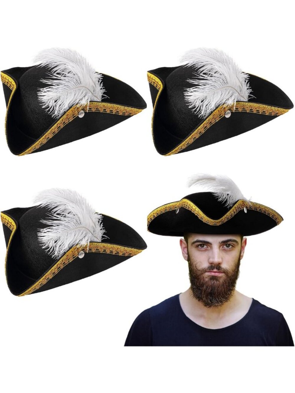 3 Pcs Tricorn Pirate Hat Set with Feather for Halloween Costume Party - Adult
